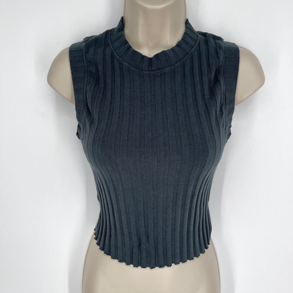 Cotton Citizen NEW Capri Muscle Tank Top Sz XS *HOLE* Black Rib Knit Raw Hem
